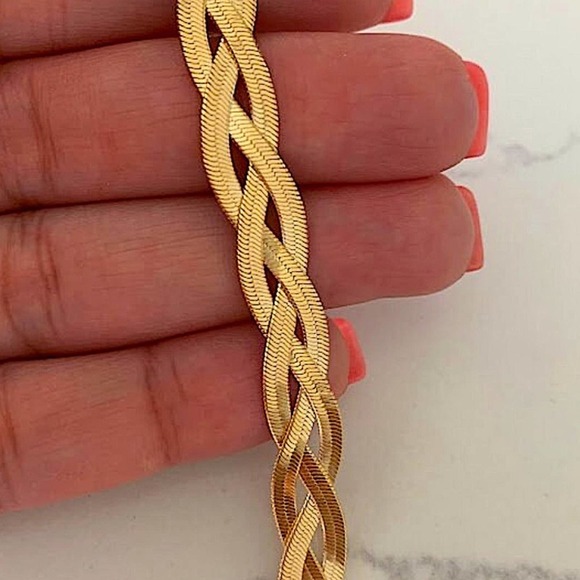 Braided Twisted Gold Plated Herringbone Snake Necklace Matching Bracelet Set - Picture 7 of 7